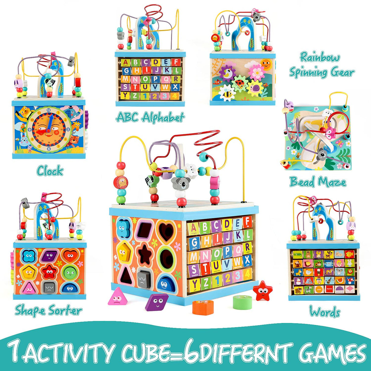 Qilay Wooden Activity Cube for Toddlers 3, 5 in 1 Multipurpose ABC-123 Abacus Early Educational Montessori Toys, Learning Toys for 3 Year Old | Bead Maze, Great for Boys Girls Toddlers Qilay