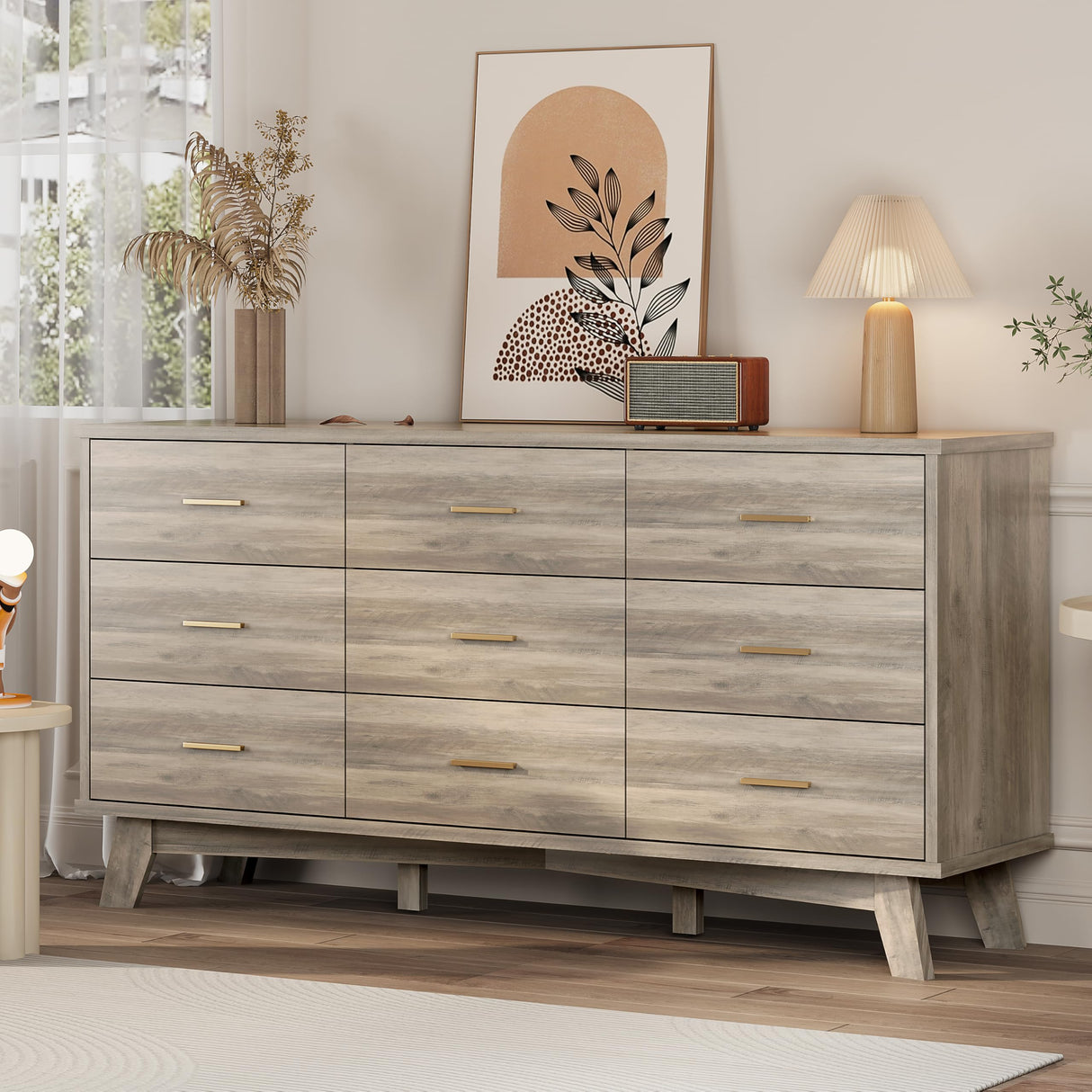 Dresser for Bedroom, 9 Drawer Wide Modern Chest of Drawers with X-Shaped Sturdy Base, Wood Double Dresser Closet Clothes Storage Organizer, Wooden TV Stand for Living Room, Hallway, Grey Xixini