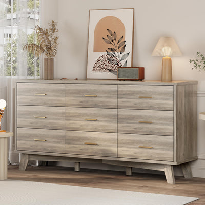 Dresser for Bedroom, 9 Drawer Wide Modern Chest of Drawers with X-Shaped Sturdy Base, Wood Double Dresser Closet Clothes Storage Organizer, Wooden TV Stand for Living Room, Hallway, Grey