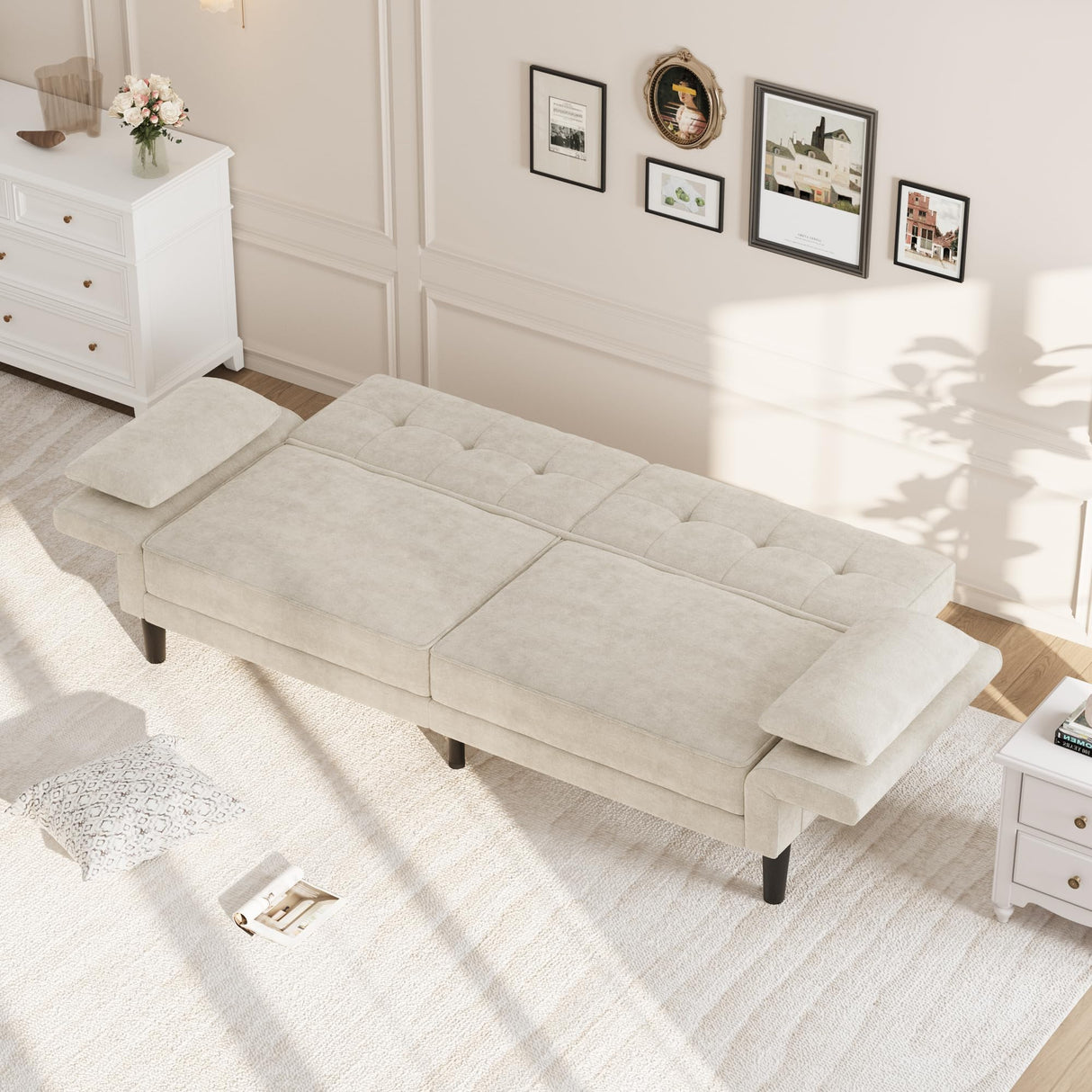 IDEALHOUSE 89" Futon Sofa Bed, Modern Chenille Sleeper Couch with Adjustable Backrest & Armrest, Convertible Futon Couch for Living Room Bedroom Apartments, Beige IDEALHOUSE