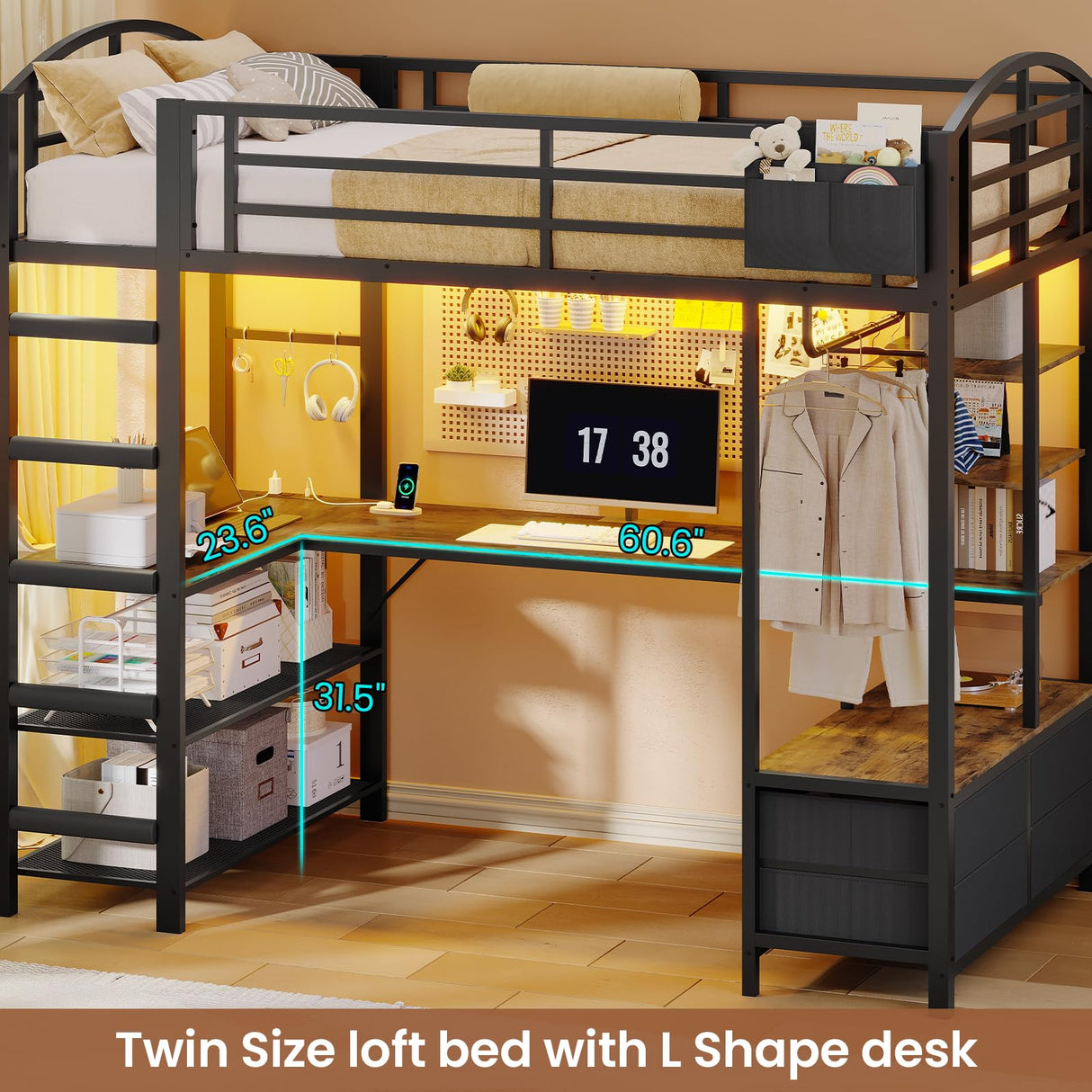 Loft Bed Twin Size with L Shape Desk,4 Drawers,Cloth hanging rack,2-Tier Storage Shelves Metal Loft Bed Frame with Power Outlet and LED Lighted,No Box Spring Needed,Space-Saving,Noise Free (Black) UPOSOJA
