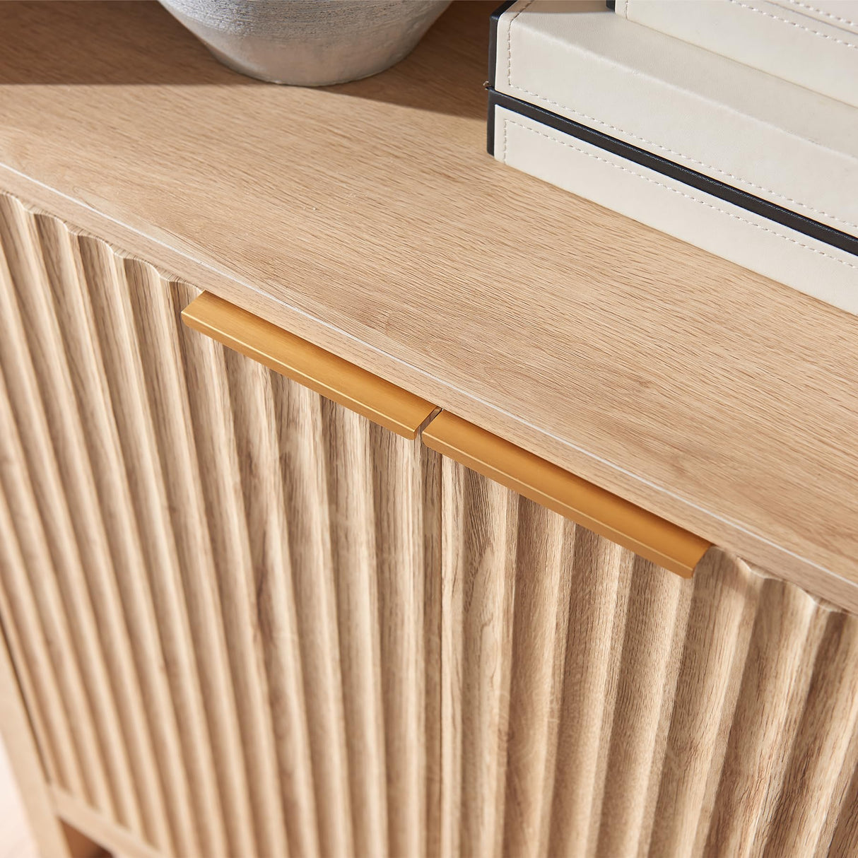 WINWY Arched Cabinet Bookshelf Bookcase - 71” Tall Mid Century Arched Display Cabinets, Rounded Bookshelf with Fluted Doors, Open Shelf Storage Cabinet for Dining Room (Natural) WINWY