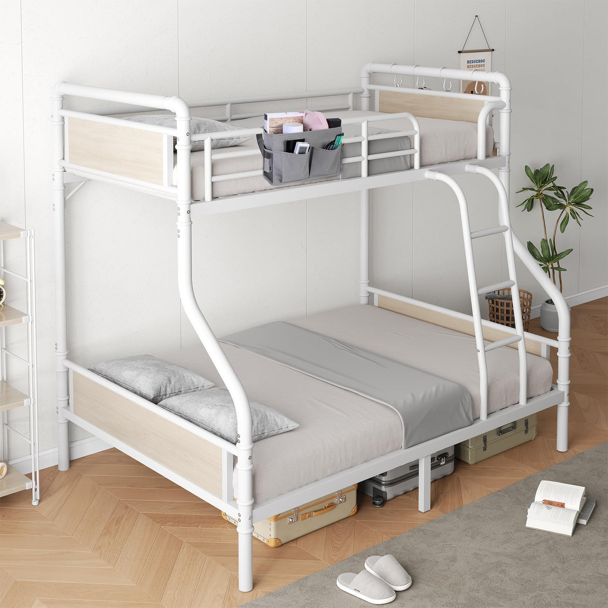 Jocoevol Metal Bunk Bed Twin Over Full, Industrial Bunkbeds Heavy Duty Bed with Safety Guard Rails and Space-Saving Design, Steel Bed for School, Bedroom (White) Jocoevol