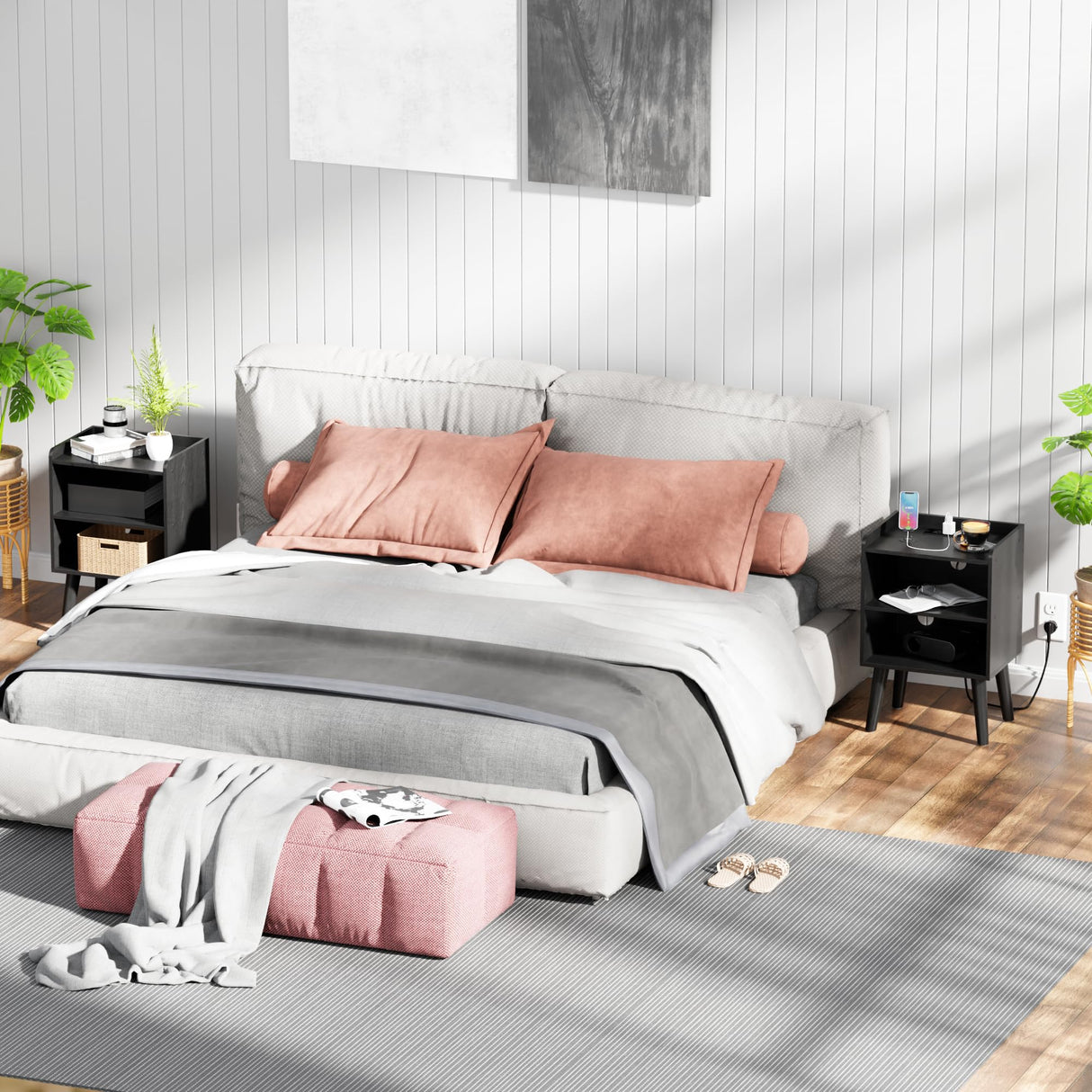 LAKEMID Night Stand with Charger Station, Bedside Table with LED Lights, Side Table with Fast USB-C Port, Nightstand with Solid Wood Feet, Small End Table for Bedroom, Living Room, Black LAKEMID