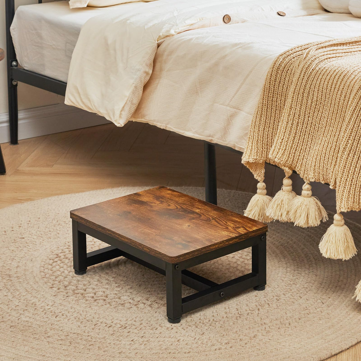 IBUYKE One Step Wooden Step Stools for Adults Kids, Heavy Duty Bedside Step Stool with 500 Lbs Capacity, Non-Slip Stepping Foot Stool for Bedroom Livingroom Bathroom Kitchen, Rustic Brown TBD001H IBUYKE