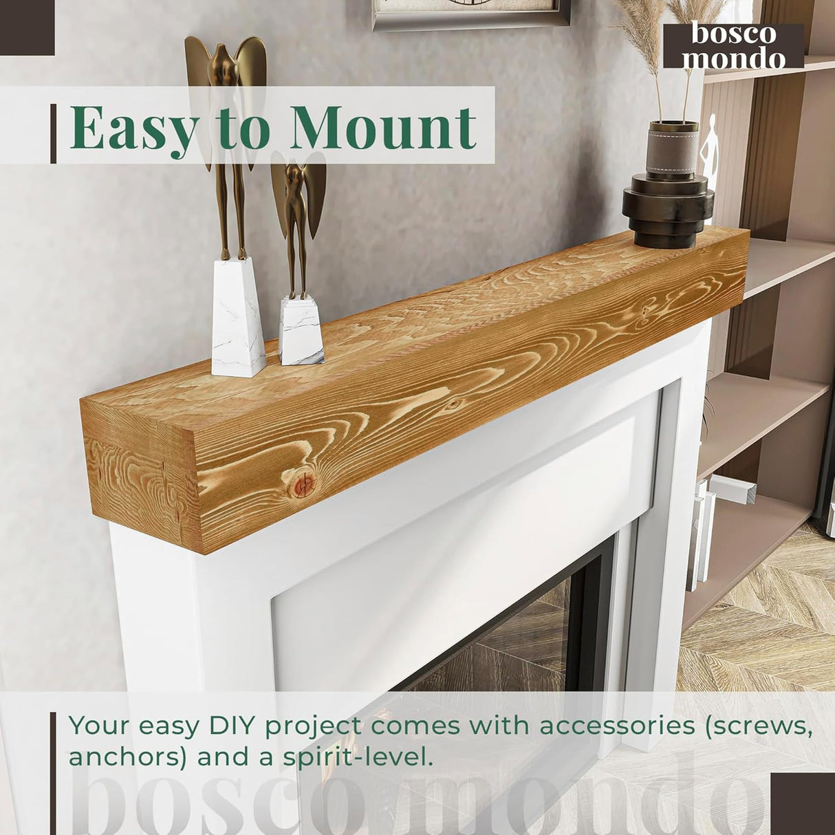 BoscoMondo Fireplace Mantel, Handcrafted Rustic from Solid Pine, Wall-Mounted Floating Farmhouse Shelf - 8x6x48 Oak BoscoMondo