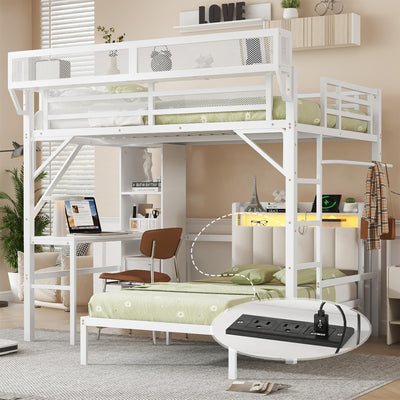 MoproBeti Bunk Bed with Desk,Upper Shelf & Storage Bookshelves,Metal L-Shaped Full Over Twin Bunk Beds with LED & Charge Station,Full Loft Bed w/Ladder,Safety Guardrail for Boys Girls,White