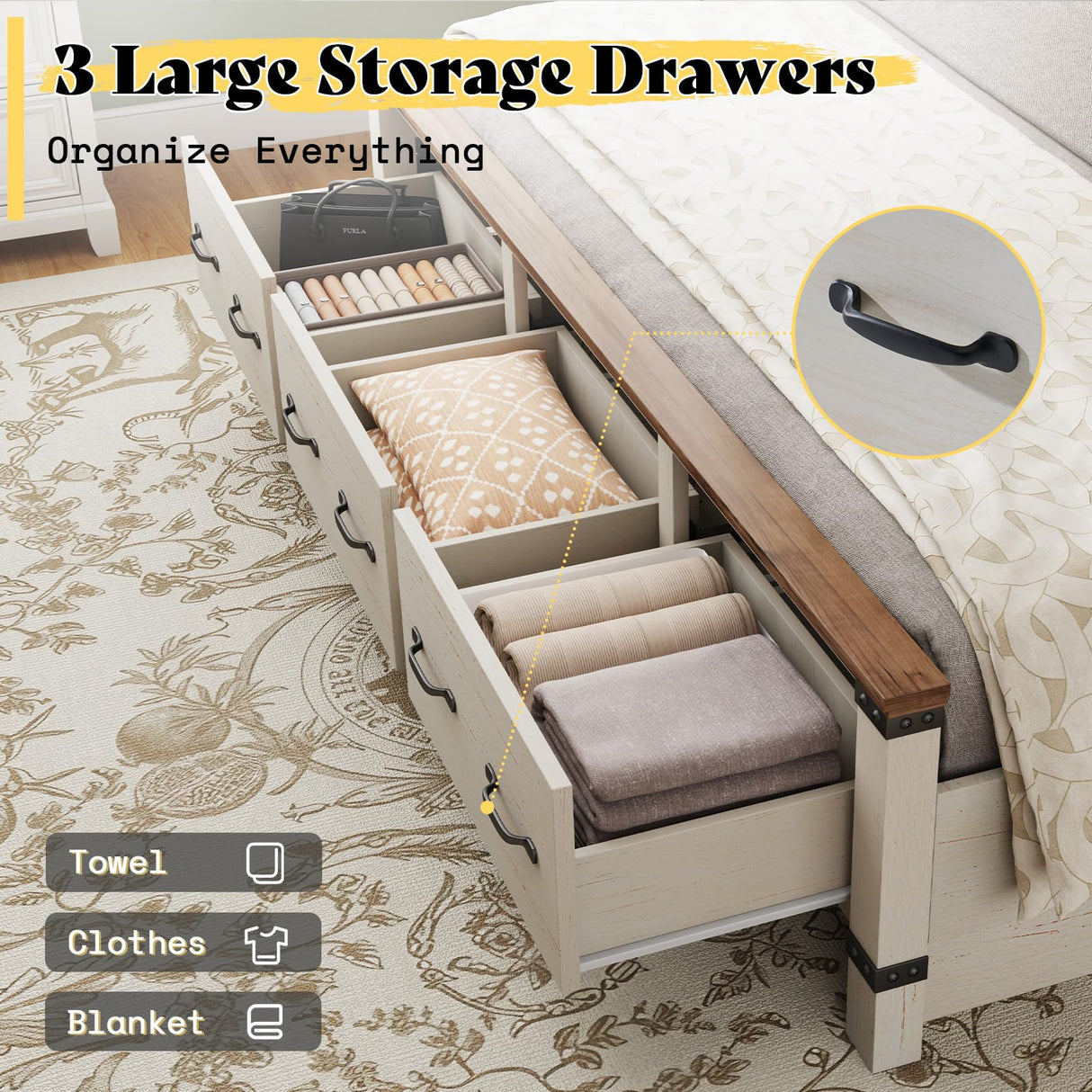 AMERLIFE Farmhouse King Size Bed Frame with 54" Tall Geometric Headboard & Footboard, Rustic Wood Platform Bed Frame/w 3 Large Storage Drawers, Wood Slats Support, No Box Spring Needed, Rustic White AMERLIFE