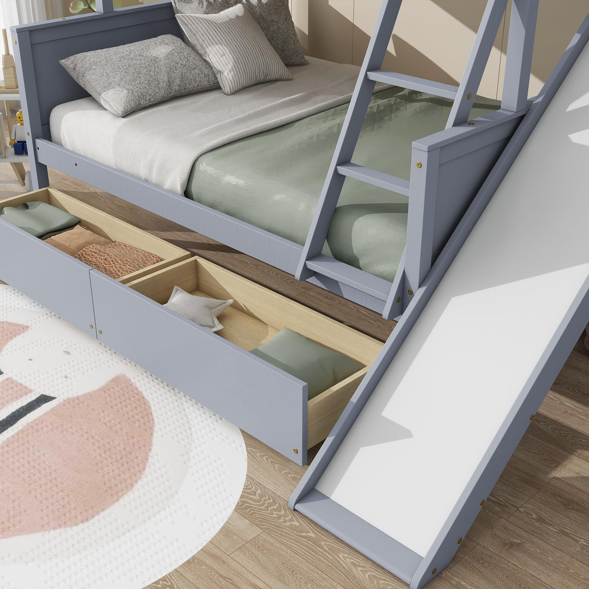 Bellemave Bunk beds Twin Over Full Size Slide and Stair, bunk Bed with Storage, Twin Over Full bunk beds for Kids, Floor bunk Bed, Low bunk Bed for Kids,Grey Bellemave