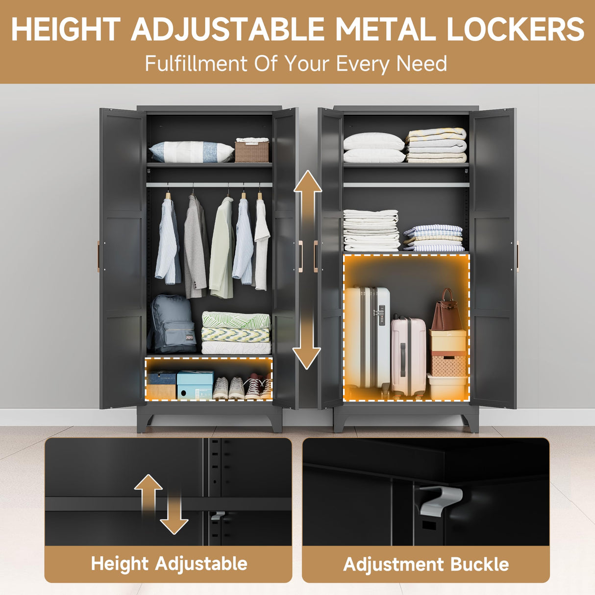 71" Metal Wardrobe Cabinet with Hanging Rod, Metal Clothing Storage Cabinets with 2 Doors and Adjustable Shelves, Armoire Wardrobe Closet for Bedroom, Laundry Room, Cloak Room, Black Bestoo