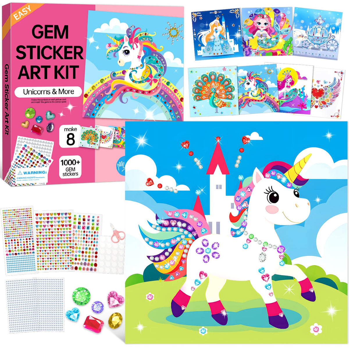 Gem Art Sticker Kit, Arts and Crafts for Kids Age 4-12, 8 Unicorn Princess Themes Diamond Art Kit, Gemstone Sticker Crafts Christmas Birthday Gifts for Girls Ages 4,5,6,7,8 Year Old (Unicorn) Fortand