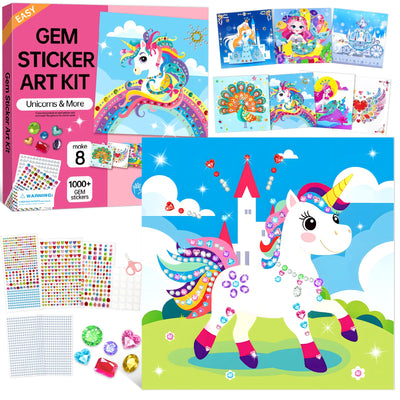 Gem Art Sticker Kit, Arts and Crafts for Kids Age 4-12, 8 Unicorn Princess Themes Diamond Art Kit, Gemstone Sticker Crafts Christmas Birthday Gifts for Girls Ages 4,5,6,7,8 Year Old (Unicorn)