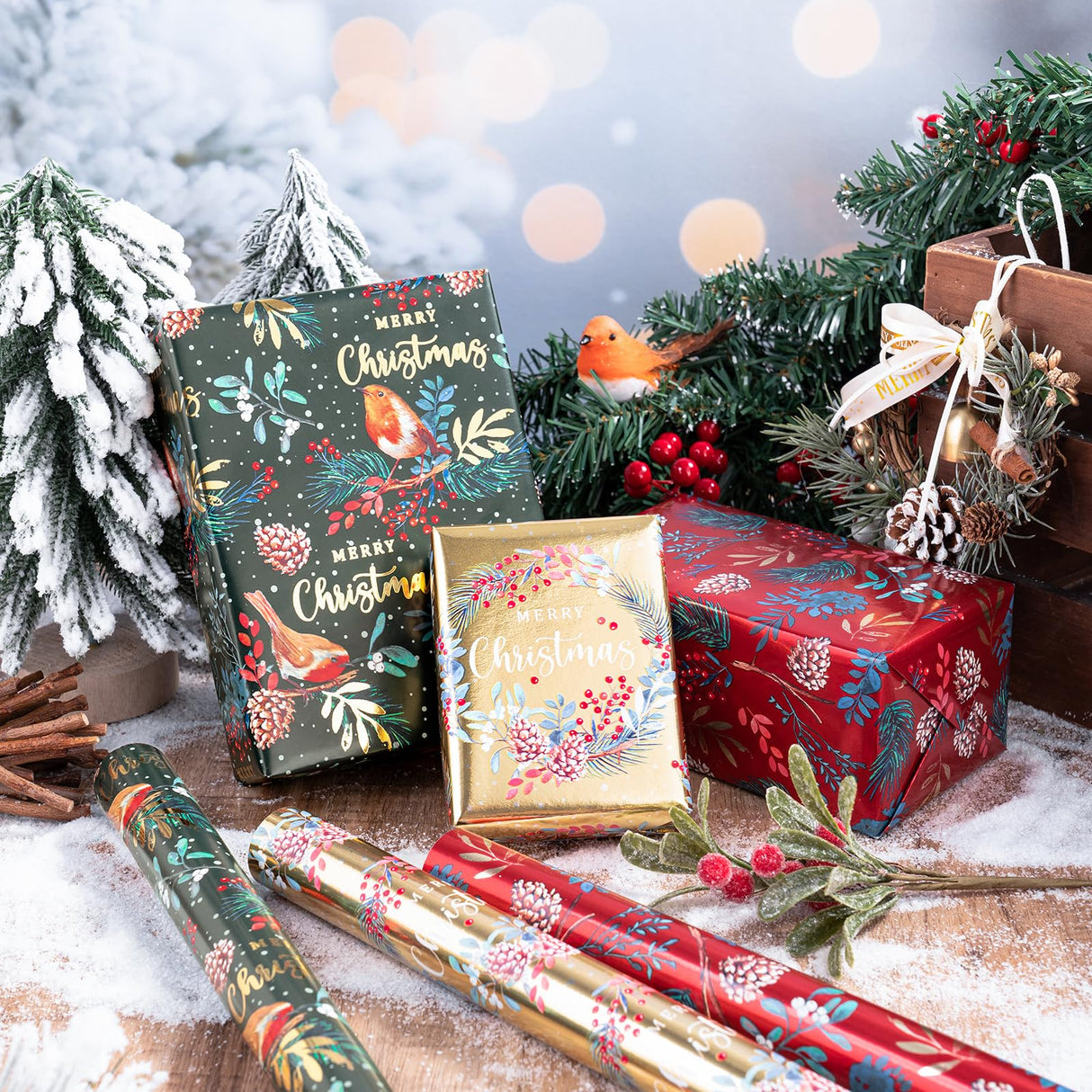 WRAPAHOLIC Christmas Wrapping Paper Roll - Mini Roll - 3 Rolls - 17 Inch x 120 Inch Per Roll - Bird, Christmas Garland, Holly and Pinecones Holiday Design with Metallic Foil Shine WRAPAHOLIC