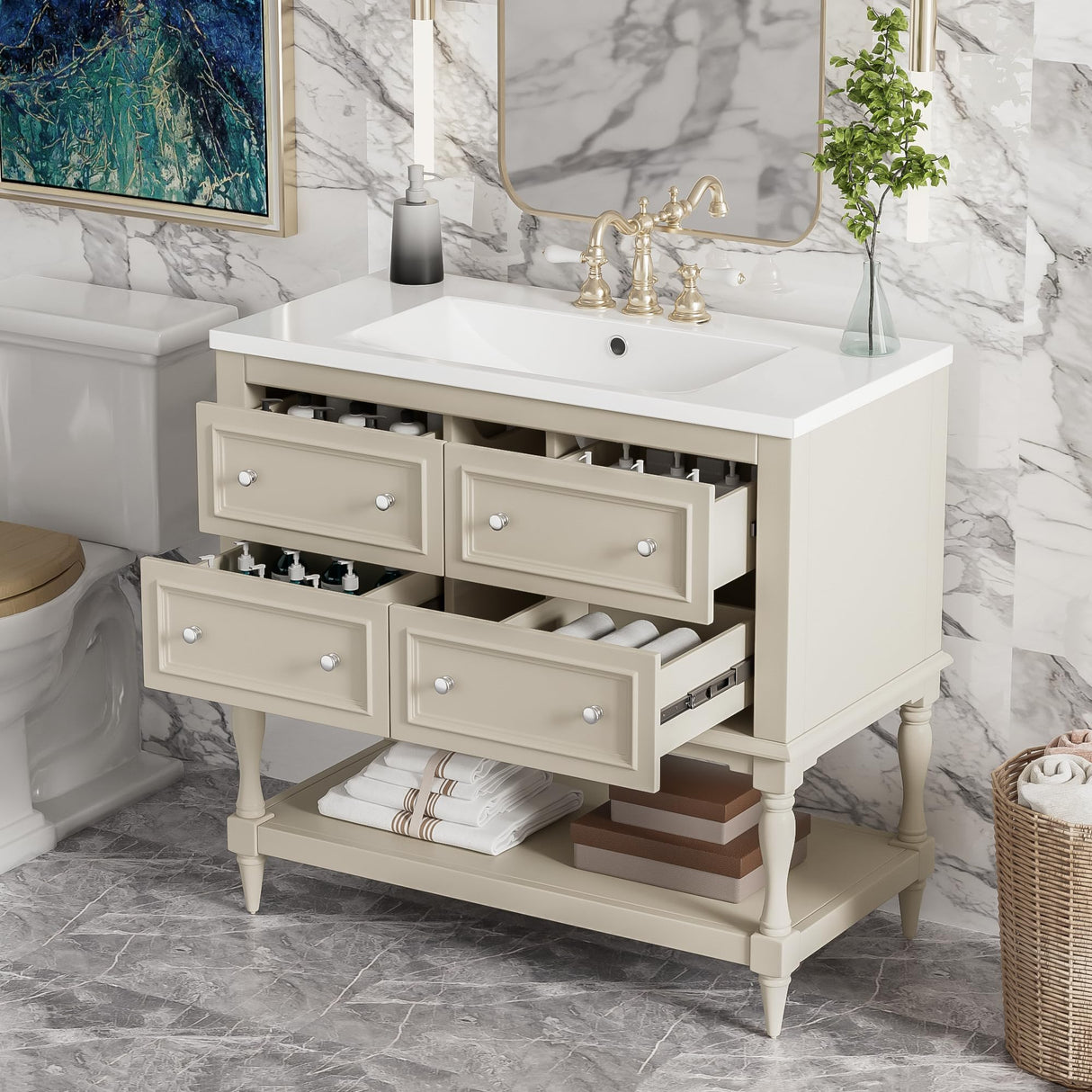 LUMISOL 36" Bathroom Vanity with Sink, Courtly Style Bathroom Vanities with 4 Drawers & Open Shelf, Single Bathroom Vanity with Undermount Sink, Solid Wood Bathroom Cabinet, Beige LUMISOL
