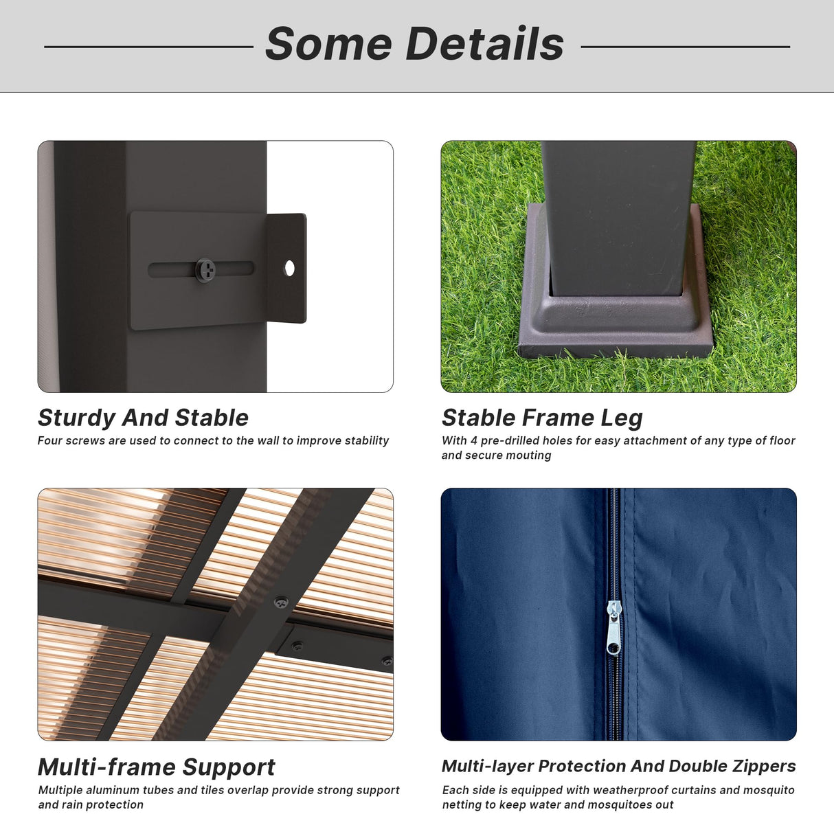 Gotland 10FTx12FT Outdoor Wall-Mounted Hardtop Pergola, Metal Frame Gazebo with Sloping Sun Panel Roof and Double Curtains for Patio, Garden, Lawn, Navy Gotland