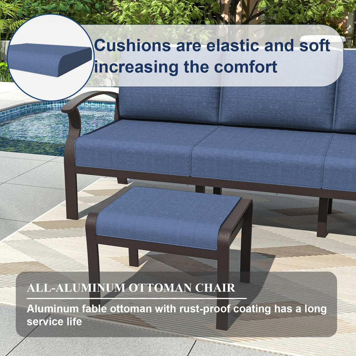 Kurapika Patio Furniture Set 8-Piece Aluminum Sectional Sofa with Armrest, Modern Outdoor Conversation Set, Metal Corner Sofa with Ottoman, Navy Blue Kurapika