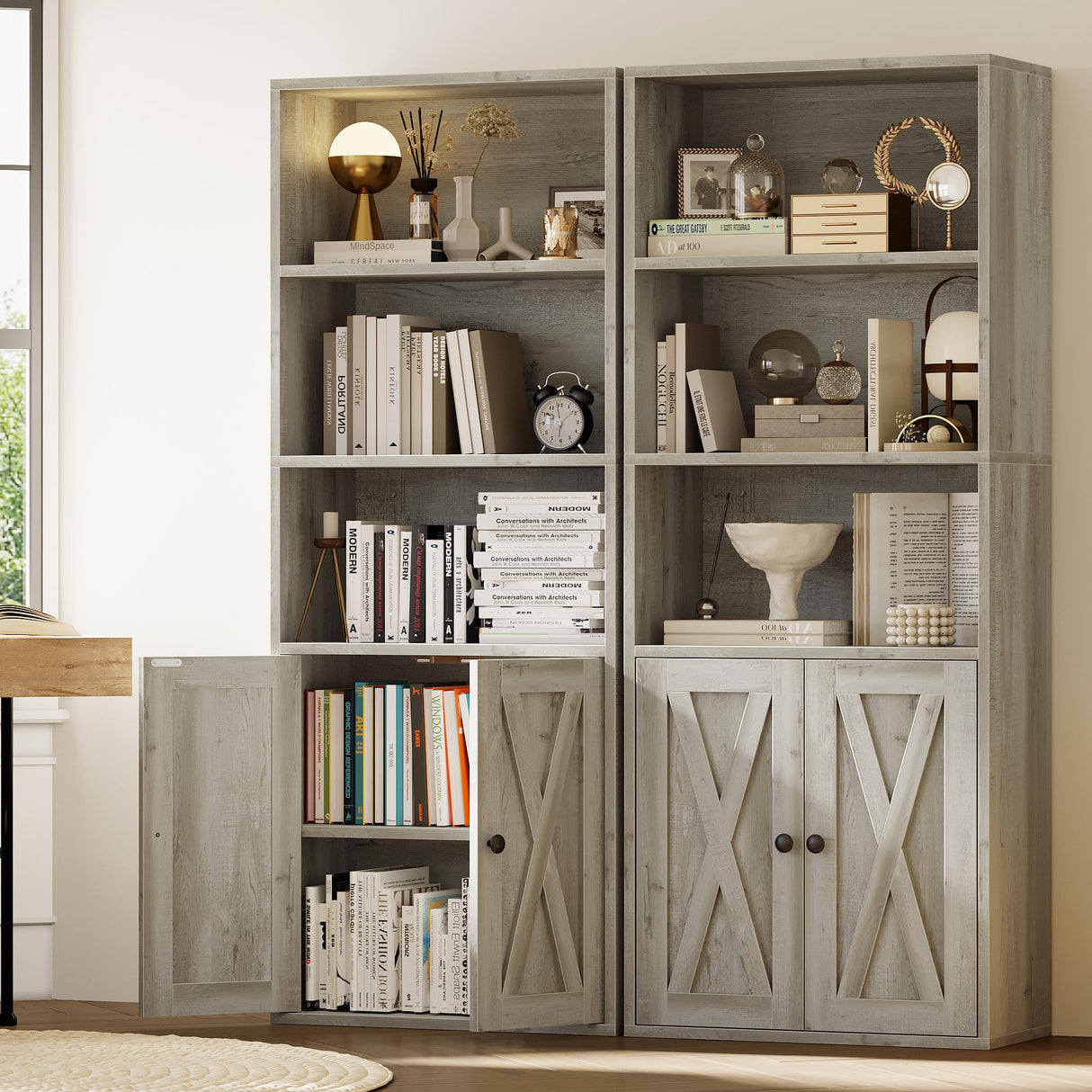 IRONCK Industrial Bookshelves and Bookcases with Doors 11.8 in Depth Set of 2 Floor Standing 5 Shelf Display Storage Shelves Bookcase Home Decor Furniture for Home, Office, Living Room, Bedroom IRONCK