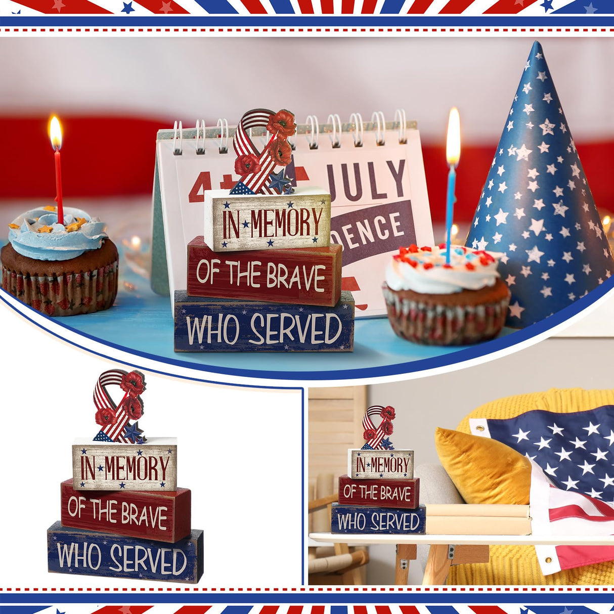 CroBlissful 4 Pcs Memorial Day Decorations Patriotic Tiered Tray Decorations 4th of July Table Sign Farmhouse Red White Blue Rustic Wood Block Stack Sign for Home Shelf Mantel(Ribbon) CroBlissful