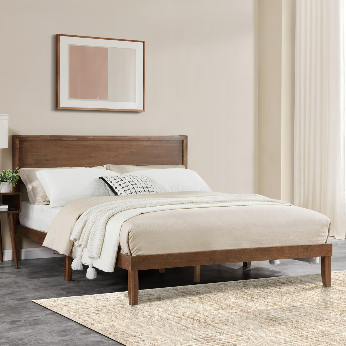 Krinana Wood Queen Size Bed Frame, Mid Century Modern Platform Bed with Headboard, Wooden Slat Support, No Box Spring Needed, Easy Assembly (Brown, Queen) Krinana