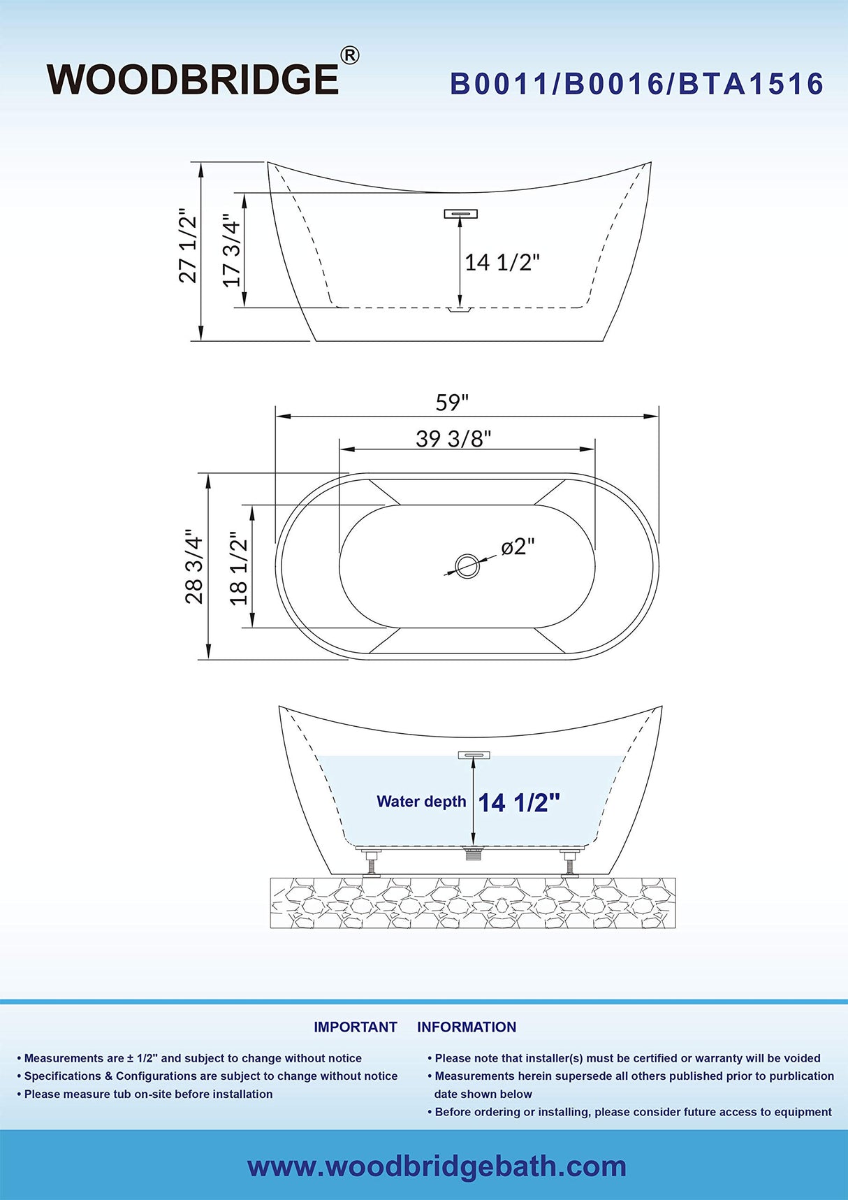 WOODBRIDGE 59" Acrylic Freestanding Bathtub Contemporary Soaking White Tub with Brushed Gold Overflow and Drain,BTA1516-BG-Drain-&O WOODBRIDGE
