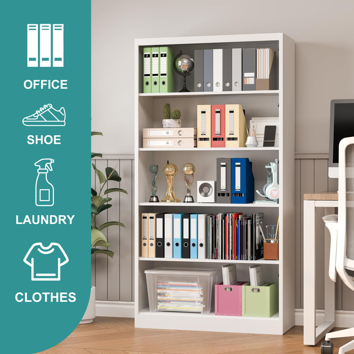 Book Shelf,5 Tier Metal Bookshelves,66" Tall Free Standing Bookcase with Adjustable Storage Shelves, Large Bearing for Bedroom Living Room Home Office,White Bookshelf (66" Bookcase) RpAosd