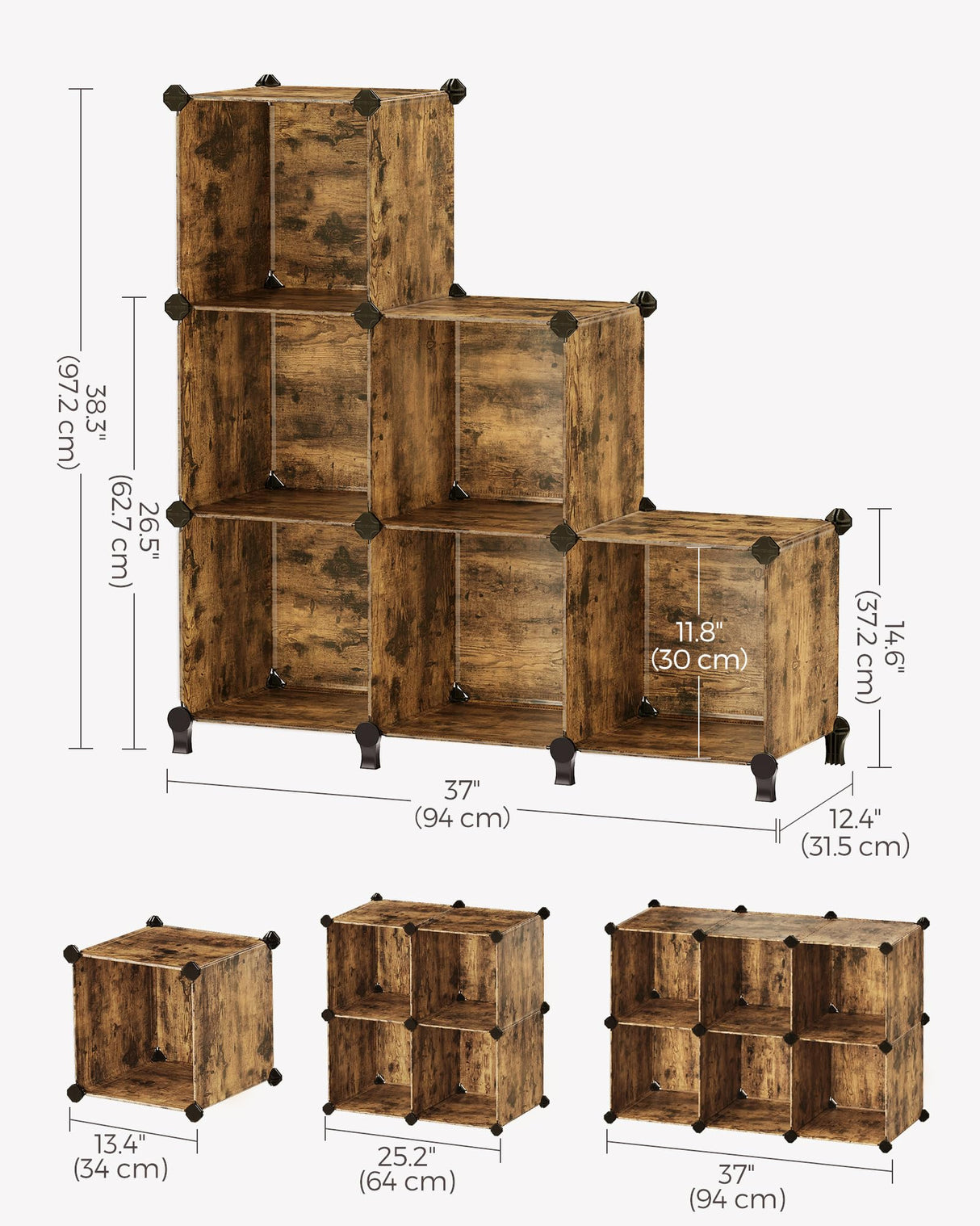 SONGMICS 6 Cube Storage Organizer, DIY Closet Shelf, Plastic Clothes Organizer, Modular Bookcase, 11.8 x 11.8 x 11.8 Inch Cubes, with Feet and Rubber Mallet, Rustic Brown ULPC111A01 SONGMICS