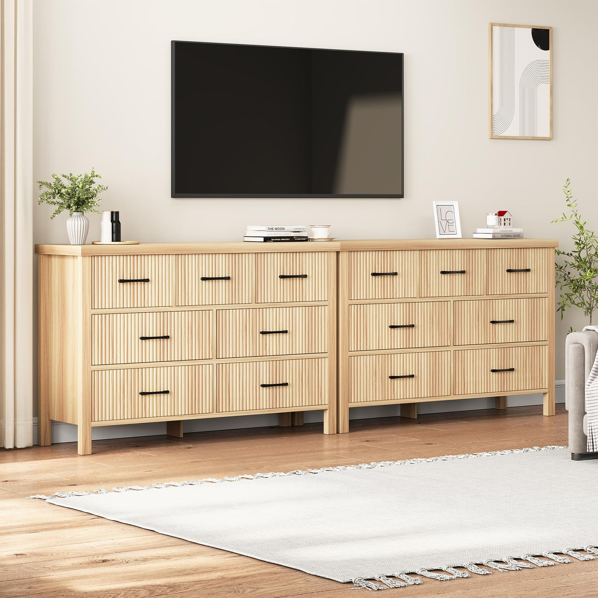 Jocoevol Fluted 7 Drawers Dresser for Bedroom, Boho Chest of Drawers with Metal Handle, Wood Dresser TV Stand, Wooden Closet Clothes Storage Organizer for Living Room, Hallway (Natural Oak) Jocoevol