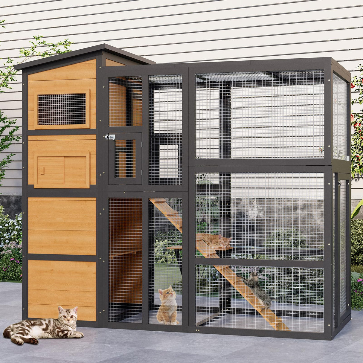 JFHID 4-Tier Cat Catio Enclosure with Weatherproof Roof, 3 Resting Rooms & Climbing Ramp, Large Outdoor Indoor Cat House Cage for Small Animals, Brown and Black JFHID