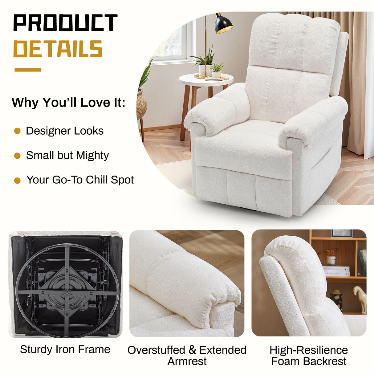 Korser Recliner Chair, Swivel Rocker Recliner Chair for Adults, Small Recliners for Small Spaces, Upholstered Manual Recliner with Side Pockets, Nursery Rocking Chair for Living Room, Chenille, Beige Korser