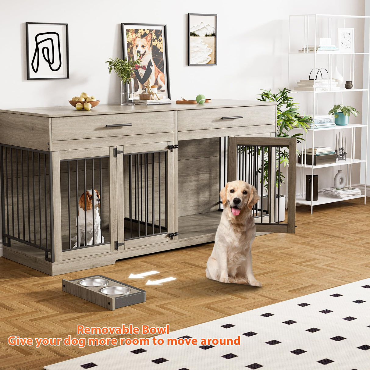 Rophefx Large Dog Crate Furniture for 2 Dogs, 72" Double Dog Kennel Indoor Furniture with 2 Storage Drawers and Removable Divider, Wooden Dog Cage with 4 Bowls, Dog House TV Stand, Rustic Grey Rophefx