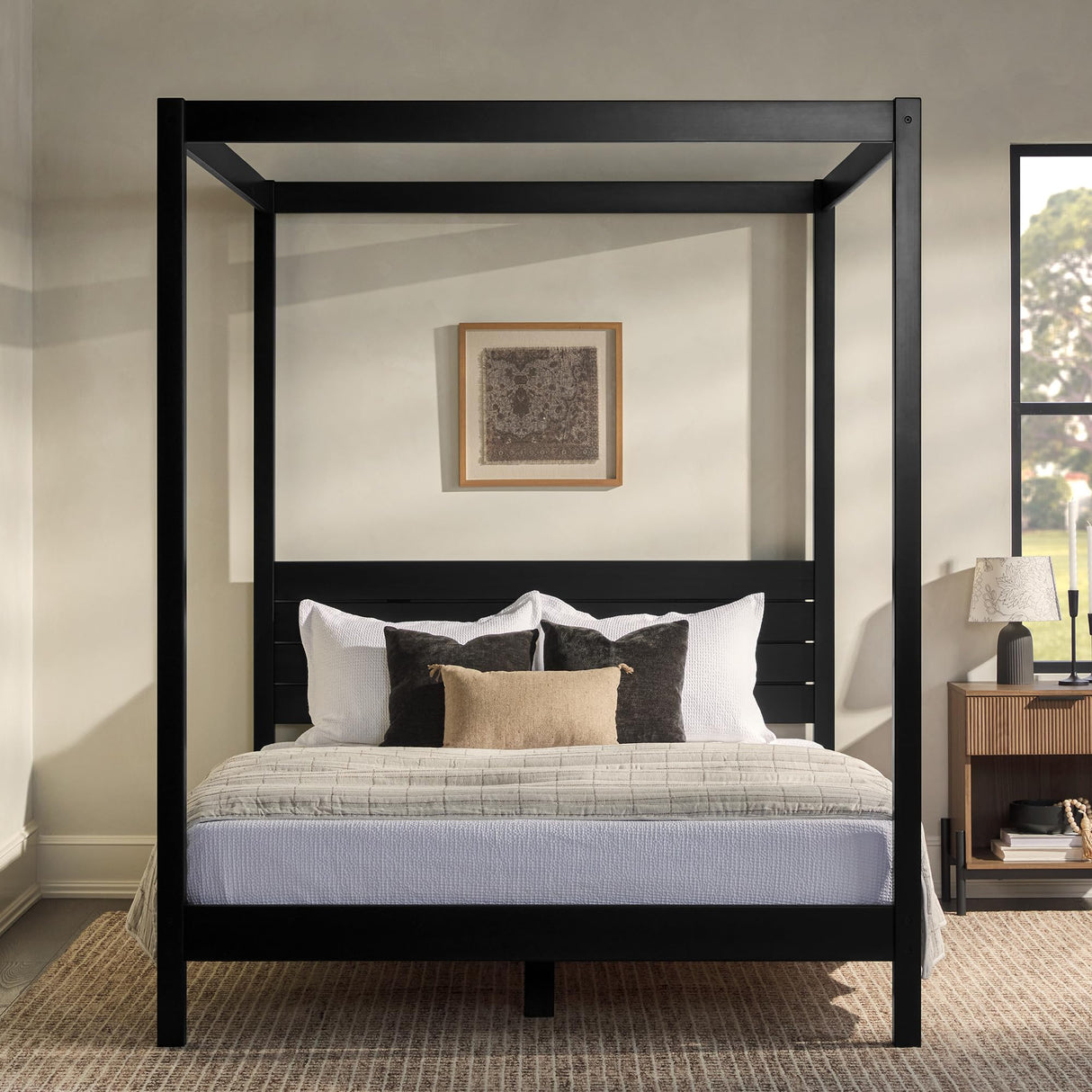 Walker Edison Isla Slatted Headboard Canopy Bedframe, Queen, Black Walker Edison