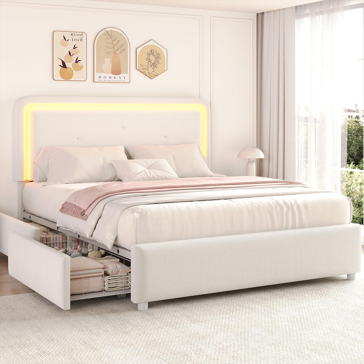 Full Boucle Upholstered LED Bed Frame with Storage Drawer and Adjustable Chic Double Arc Headboard, Princess Platform Cloud Bed with Backrest, Heavy Duty Metal Support, No Box Spring Needed, White Jocoevol