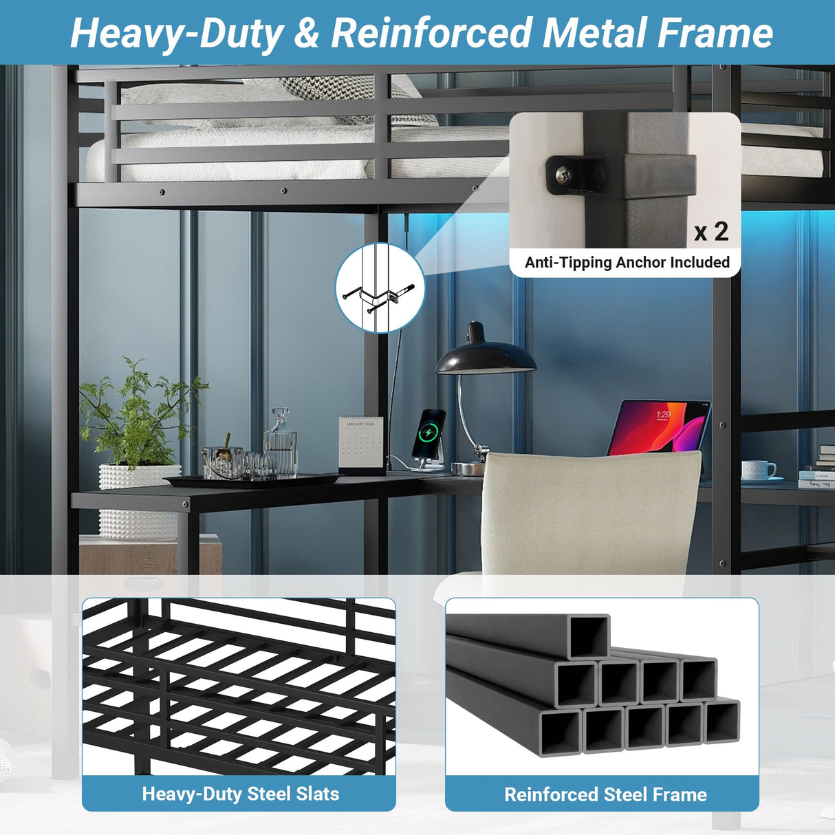 MAKIAAP Full Metal Loft Bed with Desk, Wardrobe & Storage Stairs – Heavy Duty Frame with LED Lights & Charging Station, Space-Saving Design for Adults & Teens (Black, Full) MAKIAAP