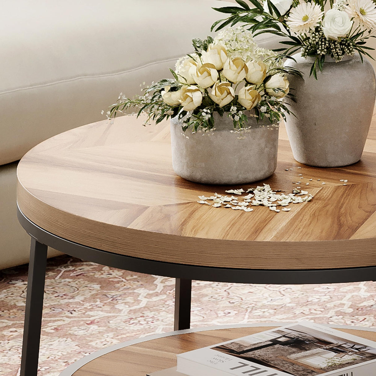 LIKEMET 32" Round Coffee Table, Wood Coffee Table for Sectional Sofa with 2-Tier Storage Shelves, Farmhouse Center Table with Wood Grain Desktop, Easy to Assemble LIKEMET