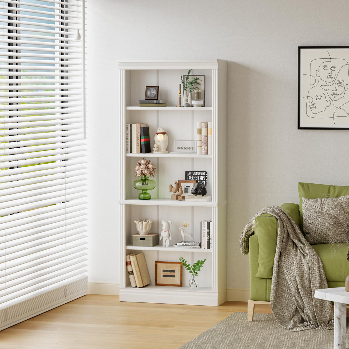 Shahoo 72" Bookcase and Bookshelf, 5-Tier Wood Bookcases with Shelves, Tall Floor Standing Book Shelf Storage Cabinet Home Decor Furniture for Living Room, Home Office 1 Pcs, White Shahoo