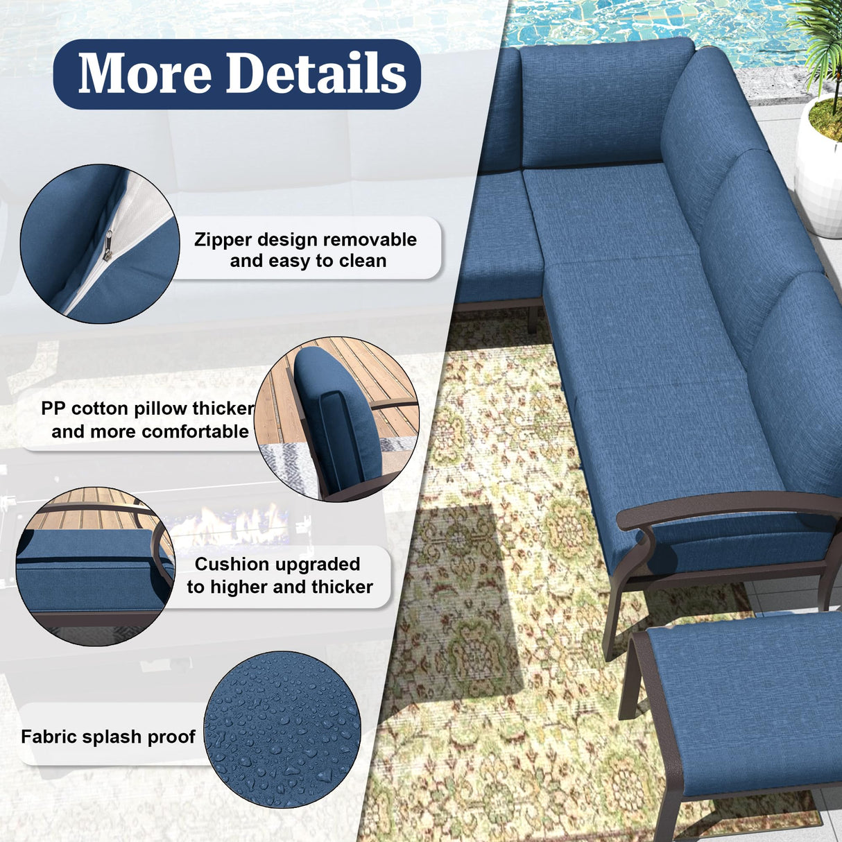 Kurapika Patio Furniture Set 8-Piece Aluminum Sectional Sofa with Armrest, Modern Outdoor Conversation Set, Metal Corner Sofa with Ottoman, Navy Blue Kurapika