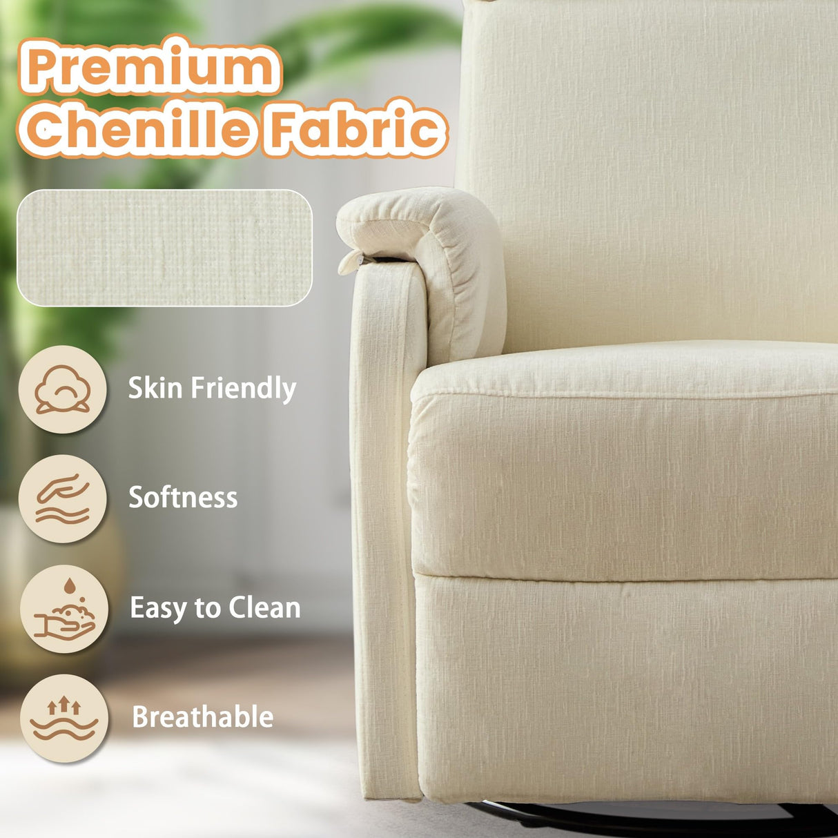 Korser Recliner Chairs, Swivel Rocking Recliner Chair for Adults, Glider Rocking Chair, Small Nursery Recliner for Living Room, Reclining with Modern-Designed Armrests, Chenille, Beige Korser