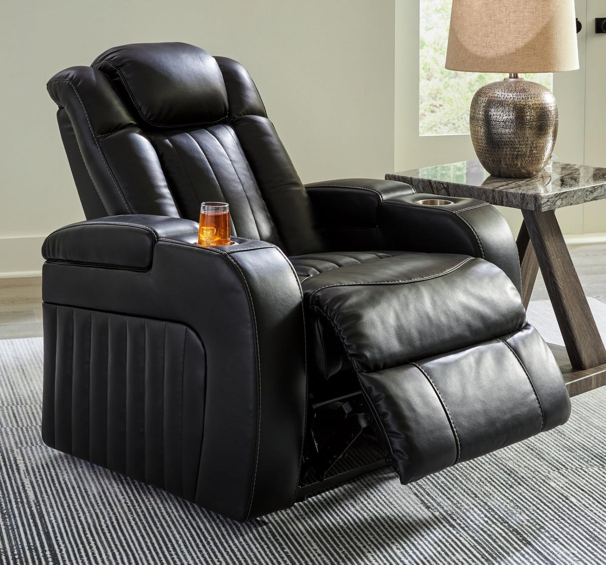 Signature Design by Ashley Caveman Den Modern Faux Leather Wall Hugger Power Recliner with Adjustable Headrest, Storage, Wireless, USB Ports and LED Lights, Black Signature Design by Ashley