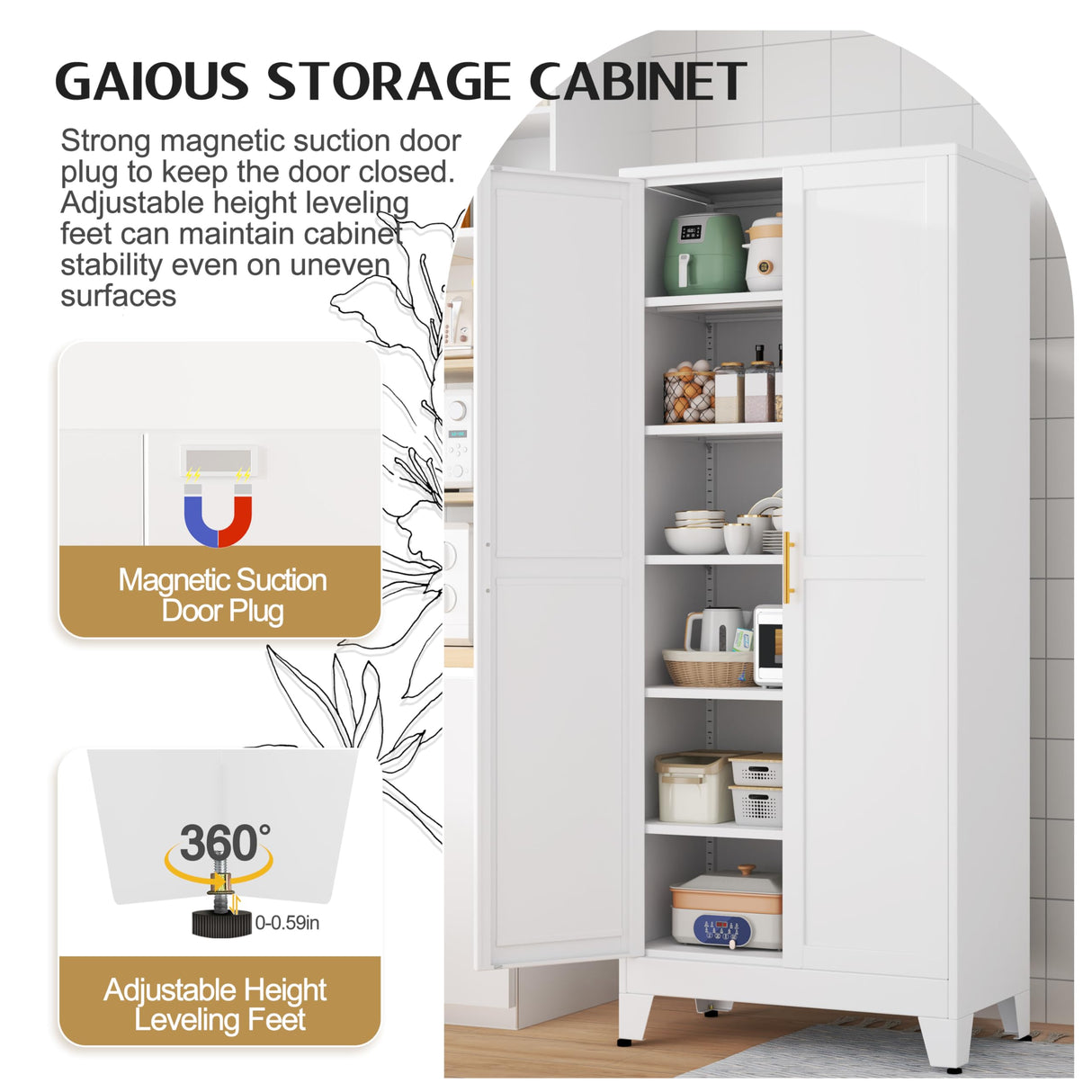 GAIOUS 75.2" Tall Pantry Cabinet, Kitchen Pantry Storage Cabinets with 2 Door and 5 Adjustable Shelves, White Metal Pantry Storage Cabinet, Cupboard for Kitchen, Dining Room, Living Room and Bathroom GAIOUS