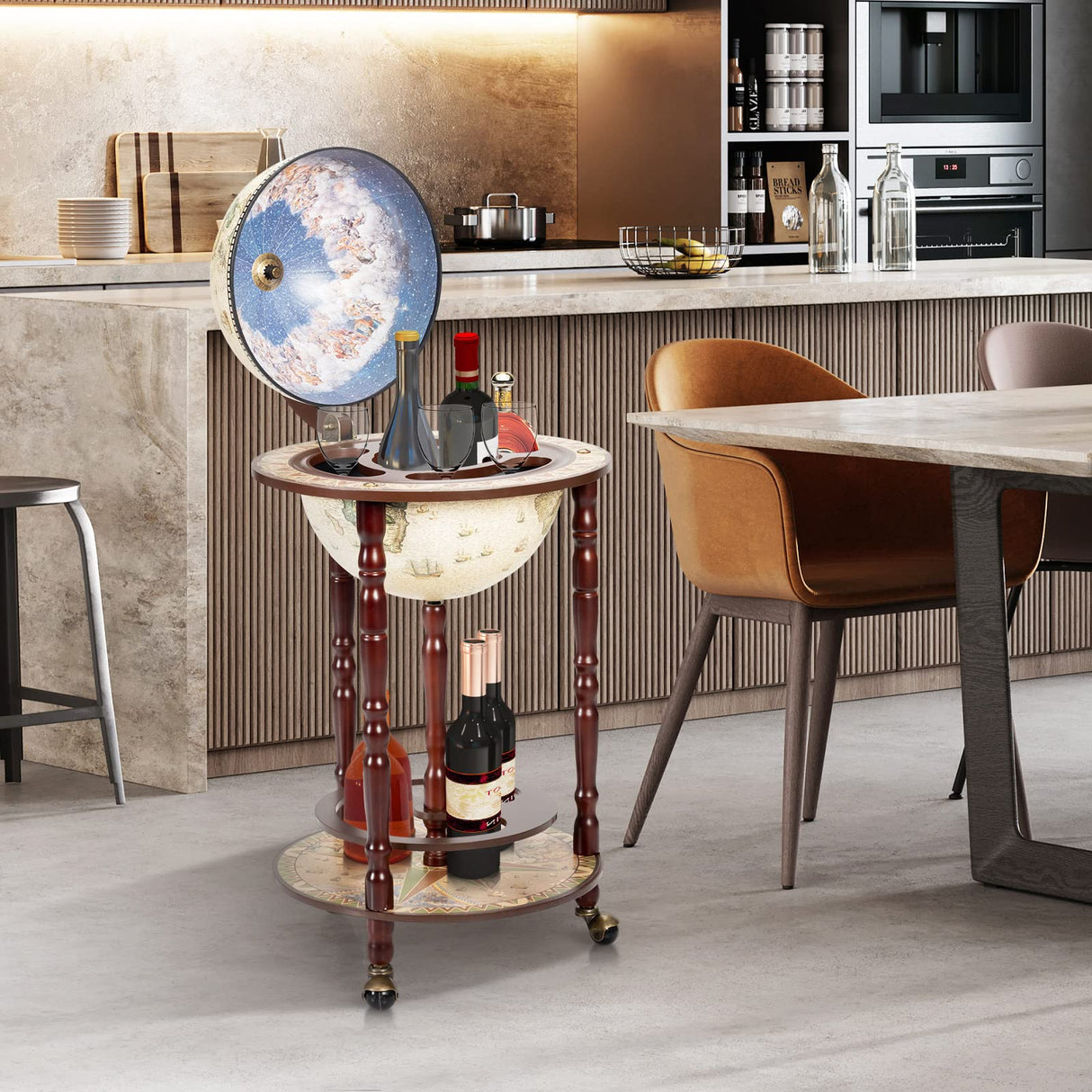 Goplus Globe Bar, 17.5” Globe Bar Liquor Cabinet with Wheels, Bottom Shelf, Old World Map, 16th Century Italian Replica Bar Globe, Retro Wine Stand, Globe Bar Cart for Dining Room Living Room Home Goplus