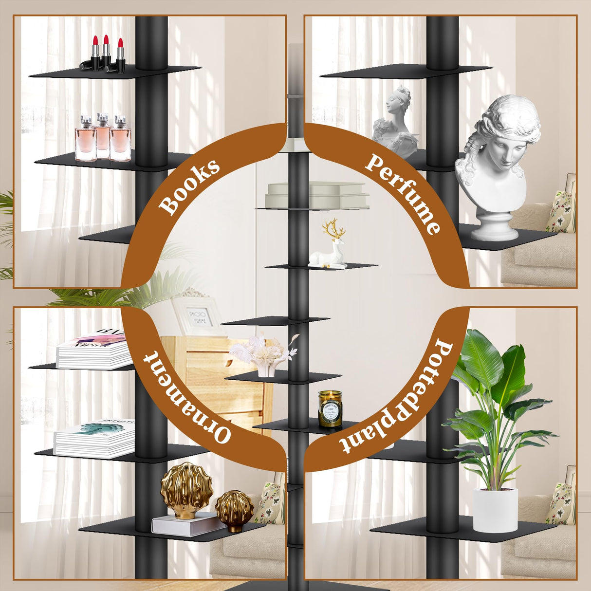 9 Tier Metal Vertical Bookshelf Tower, Freestanding Invisible Spine Bookshelf, Tall Ladder Bookcase Floating Shelf for Small Spaces, Modern Storage Corner Shelf for Living Room, Office, Bedroom Decor GENMOUS & CO.