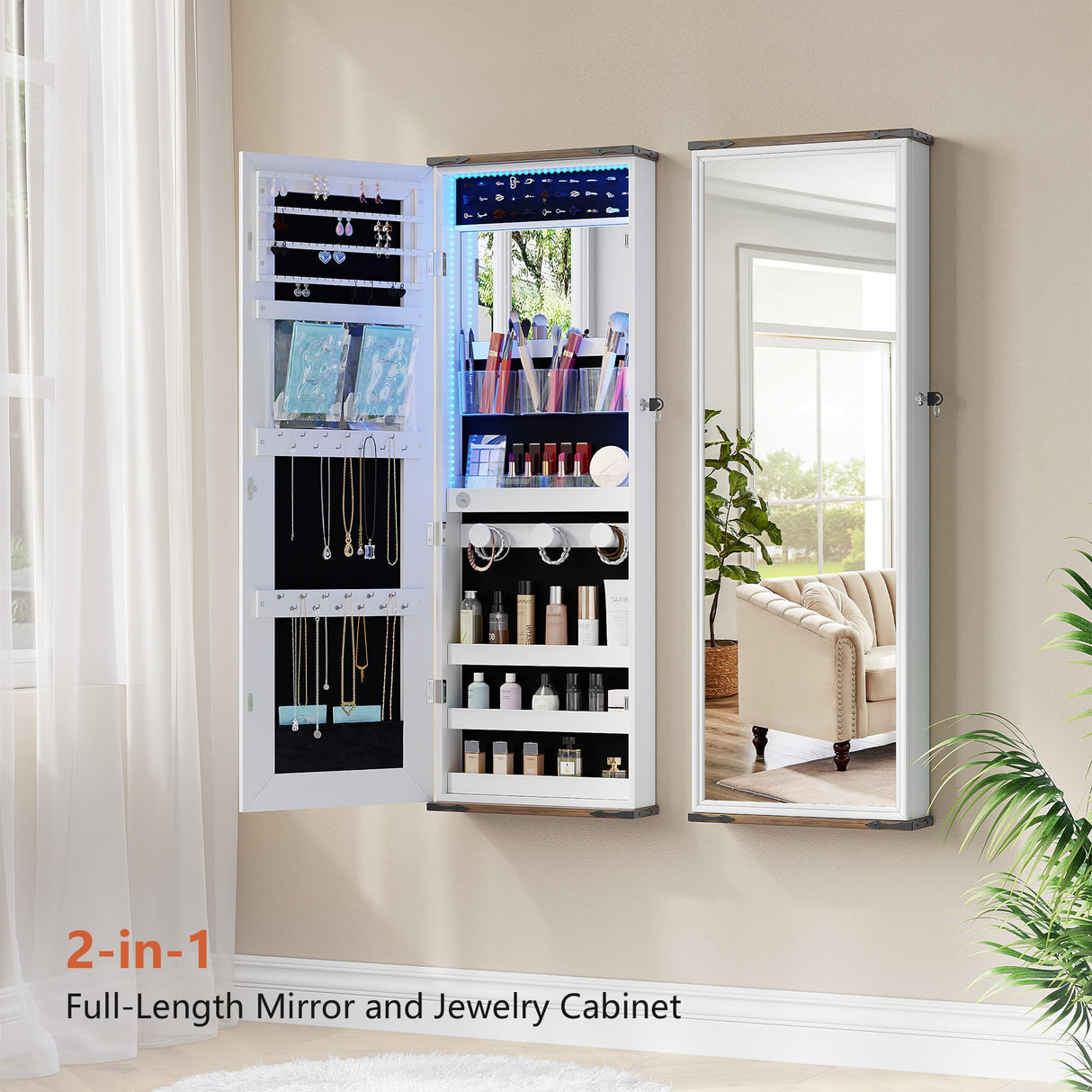 FREDEES Farmhouse Jewelry Organizer,Jewelry Armoire Cabinet with LED Lights Wall or Door Mounted, Full Length Mirror with Storage&Lockable,Interior Mirror,White FREDEES