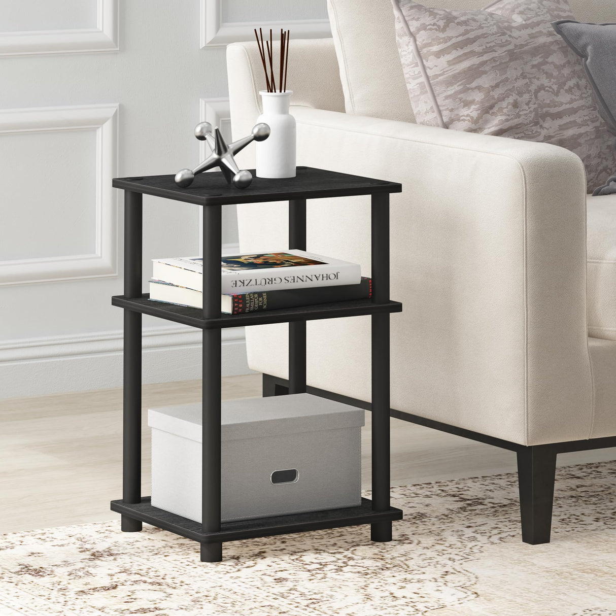 Furinno Just 3-Tier Turn-N-Tube End Table / Side Table / Night Stand / Bedside Table with Plastic Poles, 1-Pack, Americano/Black Furinno