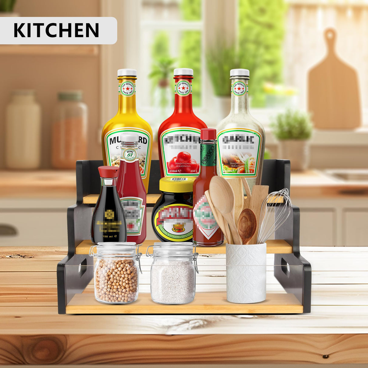 Liquor Bottle Display Shelf, 3 Step Countertop Liquor Wine Rack, Coffee Bar Station Spice Rack Organizer 3-in-1,Bar Bottle Shelves for Liquor Whiskey Wine Coffee Syrup Display, Retro Wine Rack Home smocchy