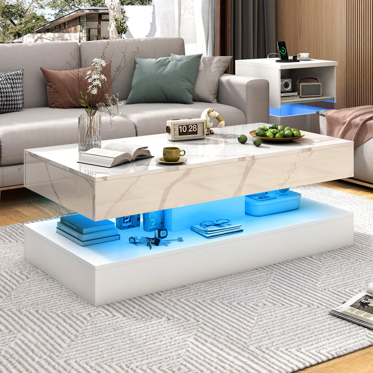 chartustriable 47inch Large High-Glossy LED Coffee Table with 2 Sliding Drawers, Living Room Storage Tables with Marbling Print, Modern Stylish Double-Layer Center Tables w/LED Lights, White chartustriable