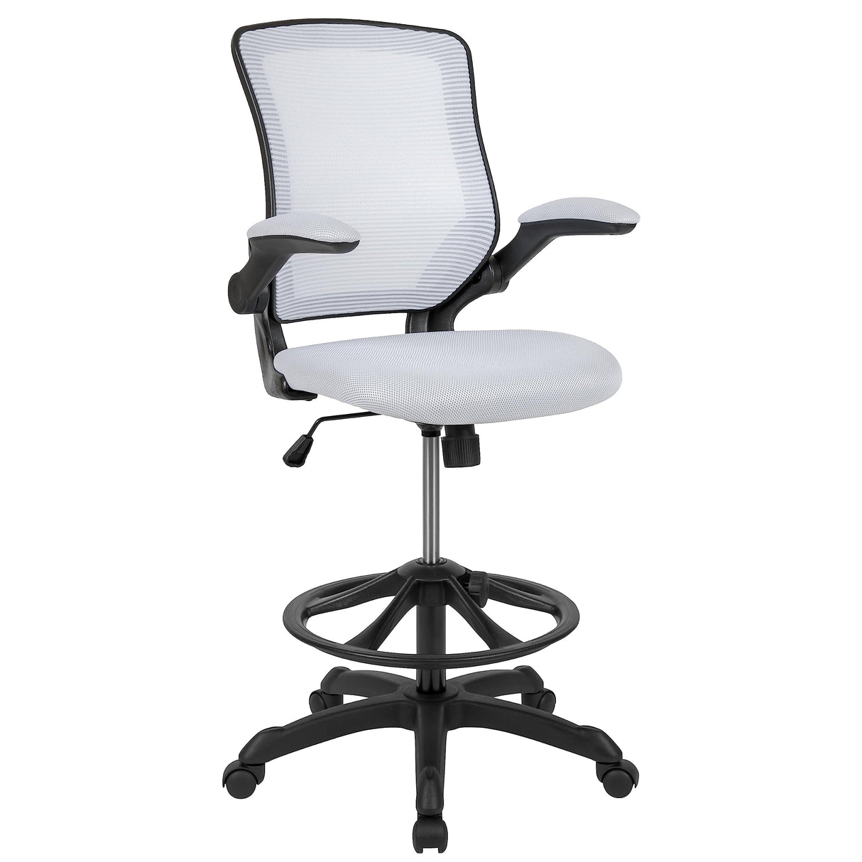 Flash Furniture Kale Mid-Back White Mesh Ergonomic Drafting Chair | Adjustable Foot Ring, Flip-Up Arms Flash Furniture