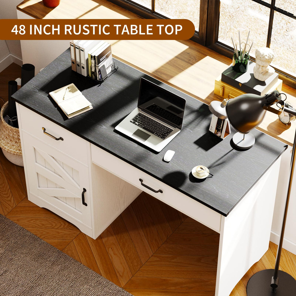 MaverickFurni White Desk with Drawers, Farmhouse Computer Desk with Drawers and Cabinet, 48 Inch Rustic Executive Office Desk for Home Office and Study MaverickFurni