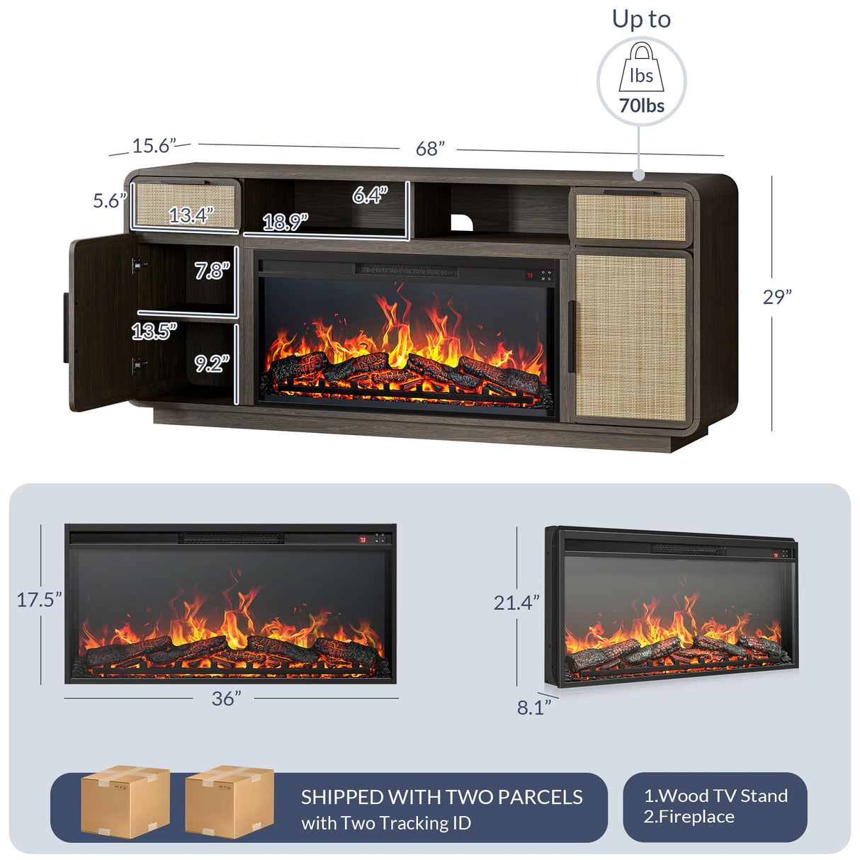 BELLEZE 68" TV Stand for TV Up to 75",Boho Entertainment Center with 36" Electric Fireplace Heater with Sound, Rattan Decorated Console Table Storage Cabinet for Living Room, Bedroom - (Brown) BELLEZE