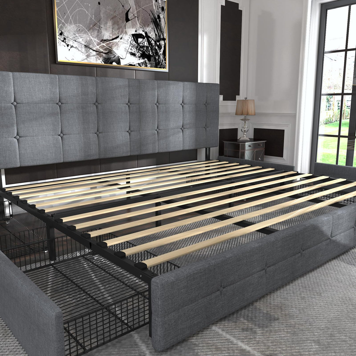 Allewie Upholstered King Size Platform Bed Frame with 4 Storage Drawers and Headboard, Square Stitched Button Tufted, Mattress Foundation with Wooden Slats Support, No Box Spring Needed, Light Grey Allewie