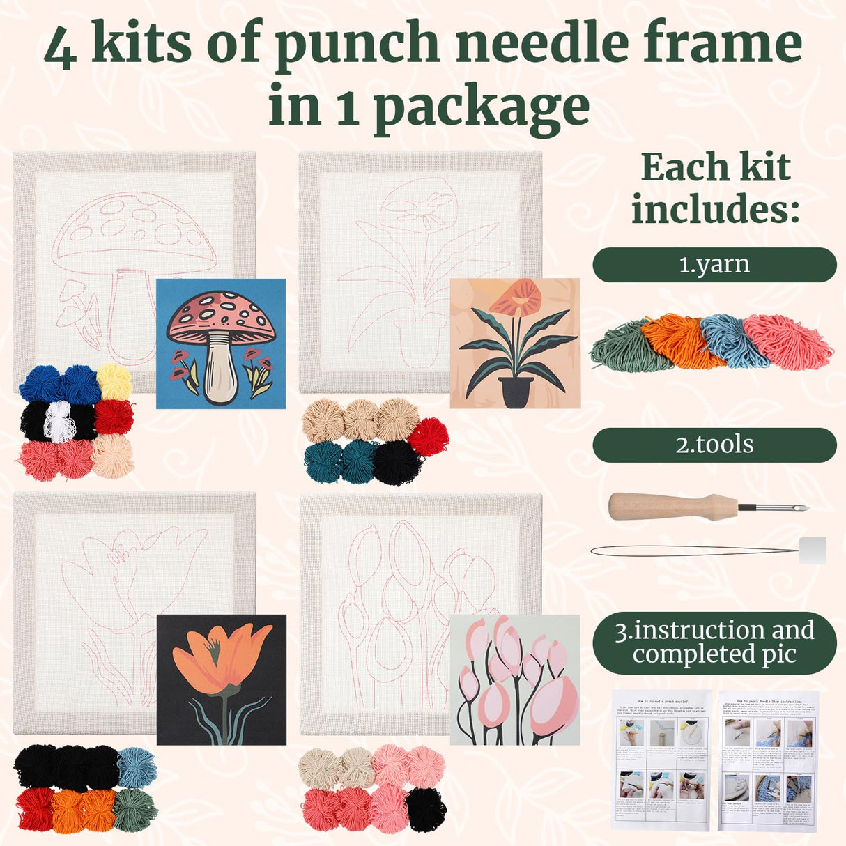 Daifunli 4 Sets Punch Needle Kit with Frame for Beginners 10 x 10 Inch Embroidery Starter Kits Punch Needle Kit with Pattern, Threader, Yarns, Tools for Adults Craft DIY Christmas Birthday Daifunli